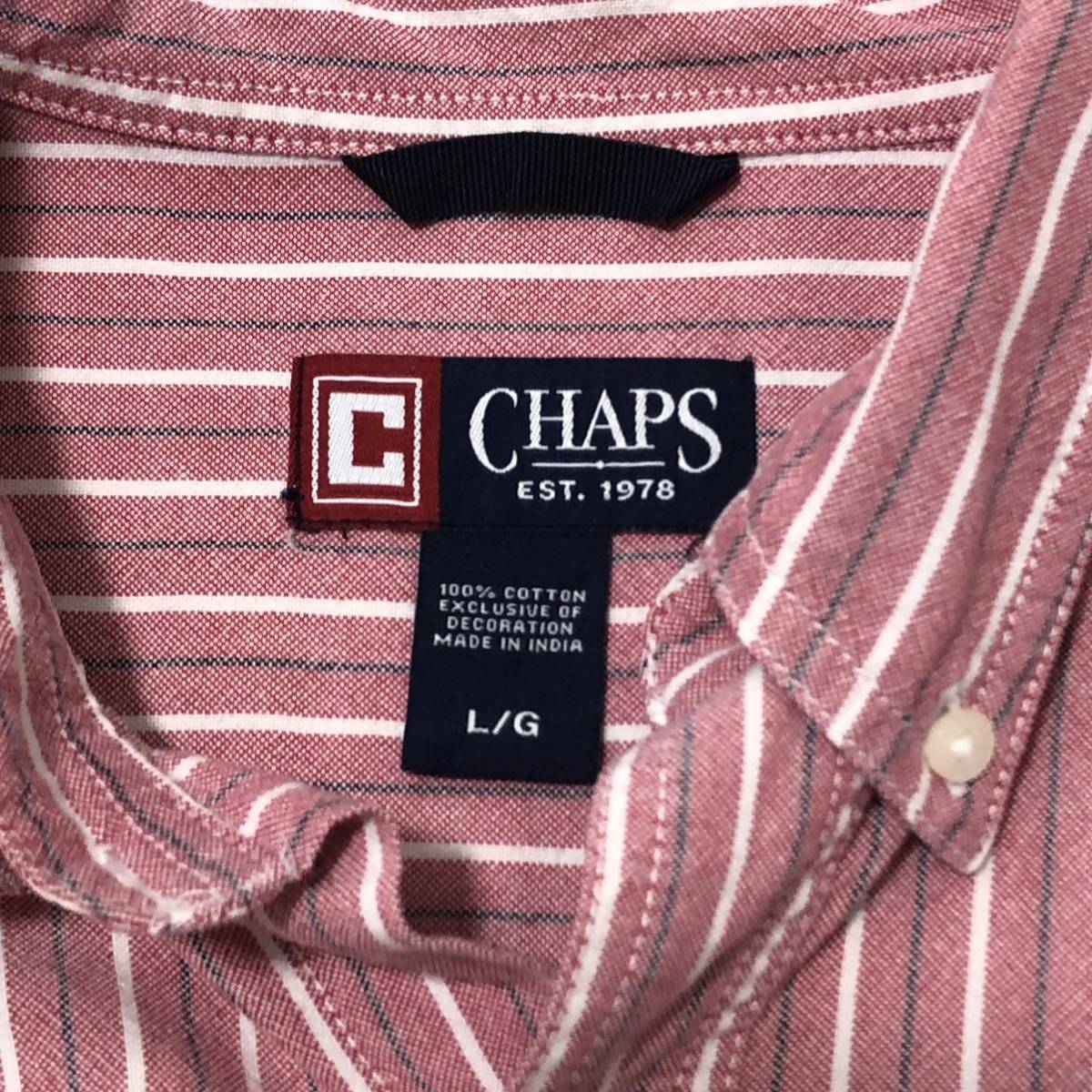 【送料無料】90s CHAPS RALPH LAUREN コットン長袖シャツ　ピンク白ストライプ柄　メンズLサイズ　チャップスラルフローレン