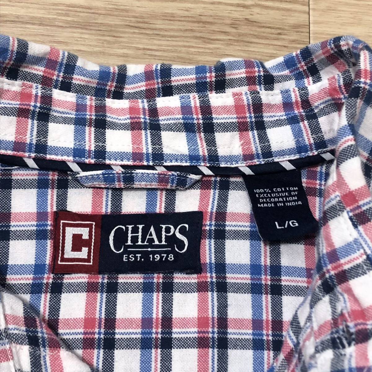 【送料無料】90s CHAPS RALPH LAUREN コットン長袖シャツ 白ネイビー青ピンクチェック柄　メンズLサイズ　チャップスラルフローレン