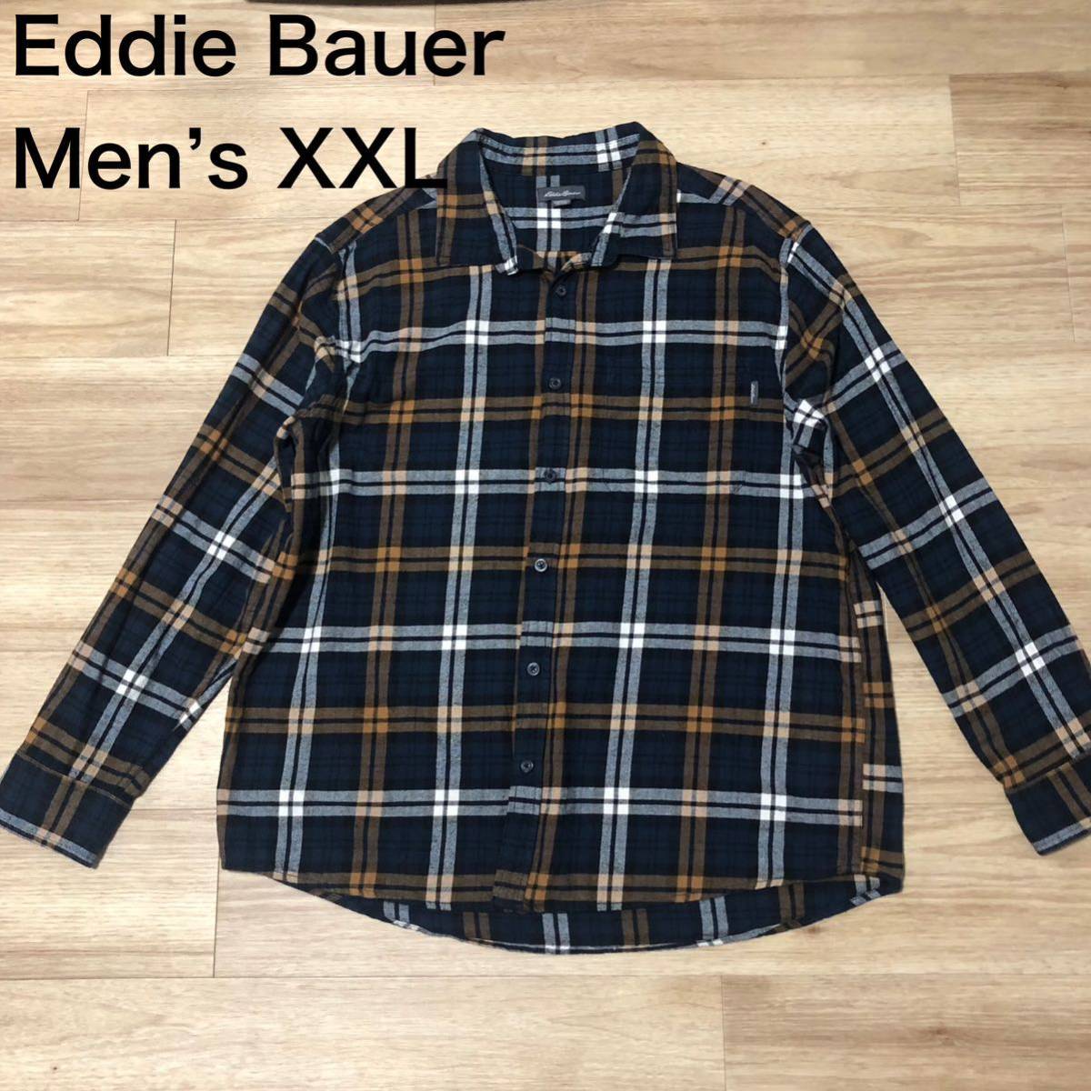 【送料無料】Eddie Bauer 長袖シャツ　ネイビー白オレンジチェック柄　メンズXXLサイズ　エディーバウアーアウトドア大きいビッグサイズ_画像1