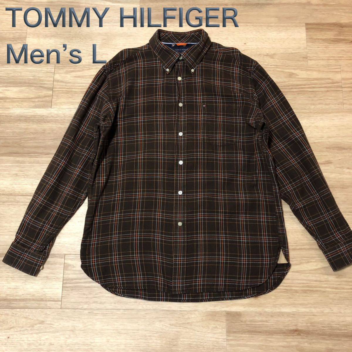 【送料無料】TOMMY HILFIGER長袖シャツ 茶チェック柄　メンズLサイズ　トミーヒルフィガーボタンダウン_画像1