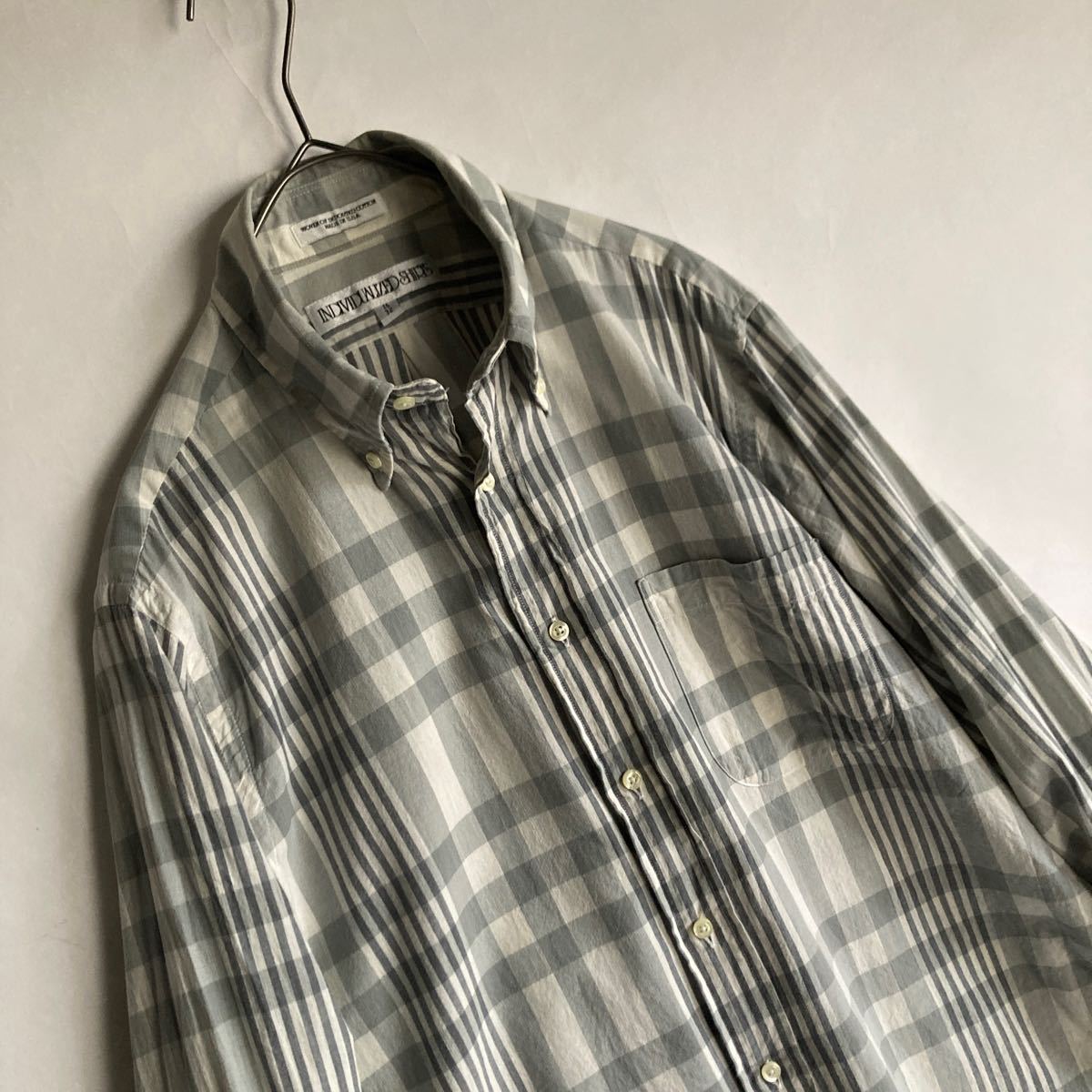 【USA製】INDIVIDUALIZED SHIRTS ボタンダウン チェック シャツ アメトラ ベーシック コットン素材 シーズンレス グレー size 15-32_画像6