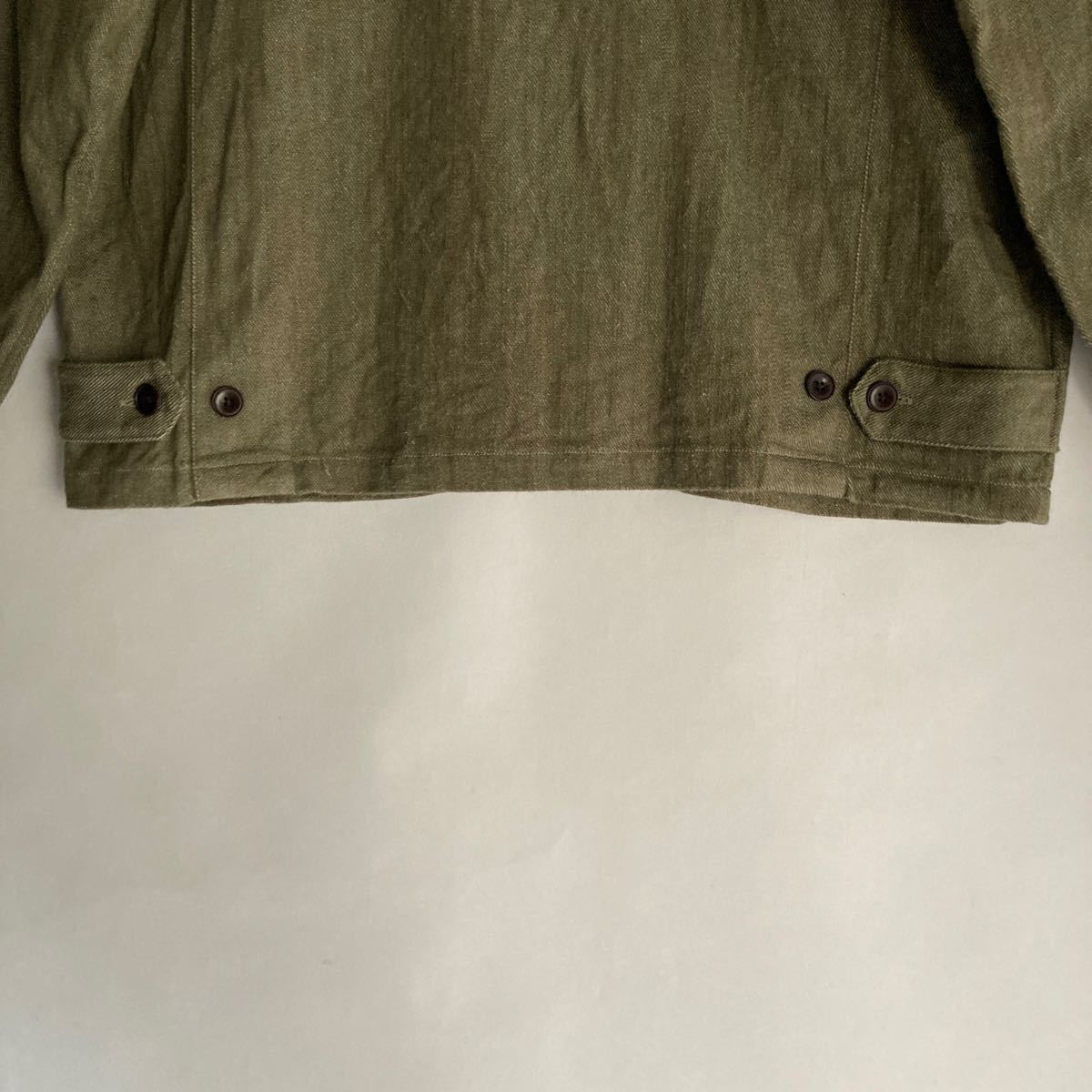 【美品】 HAVERSACK 日本製 ハバーサック グリーンデニム シャツ ジャケット ブルゾン型 ワーク アジャスターボタン カーキ系 size M sk_画像9
