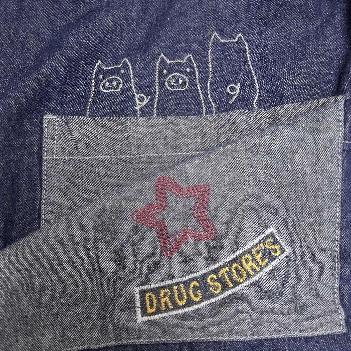  Drug Store's drug store\'s Denim рубашка One-piece туника кнопка останавливать длинный рукав свинья свинья вышивка хлопок 100% F темно-синий темно-синий женский 
