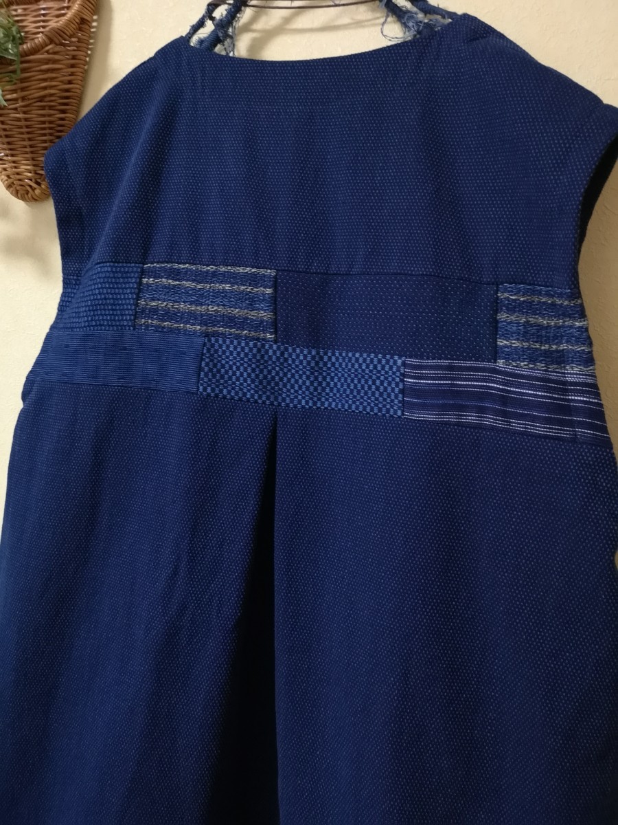 送料無料！手作り♪新生地日本の刺し子織り藍染木綿パッチワーク組み合わせ、フレンチ袖ジャンパースカート、ワンピースL～LL.楽で素敵に♪_後ろヨーク切替、中心タック