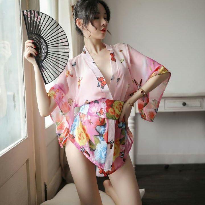  yukata floral print mini height kimono set sexy costume play clothes Pink Lady -s part shop put on pyjamas Night wear butterfly . pattern miniskirt .... exposure 