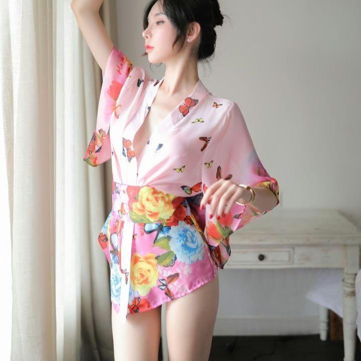  yukata floral print mini height kimono set sexy costume play clothes Pink Lady -s part shop put on pyjamas Night wear butterfly . pattern miniskirt .... exposure 