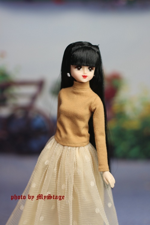  doll clothes 2212-114 high‐necked long sleeve T yellow color border (momoko/ Jenny etc. 1/6 doll for )