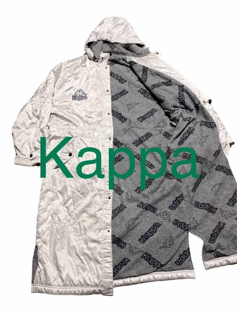 90\'*Kappa* Kappa * reverse side boa warm bench coat * total Logo pattern * white * size L