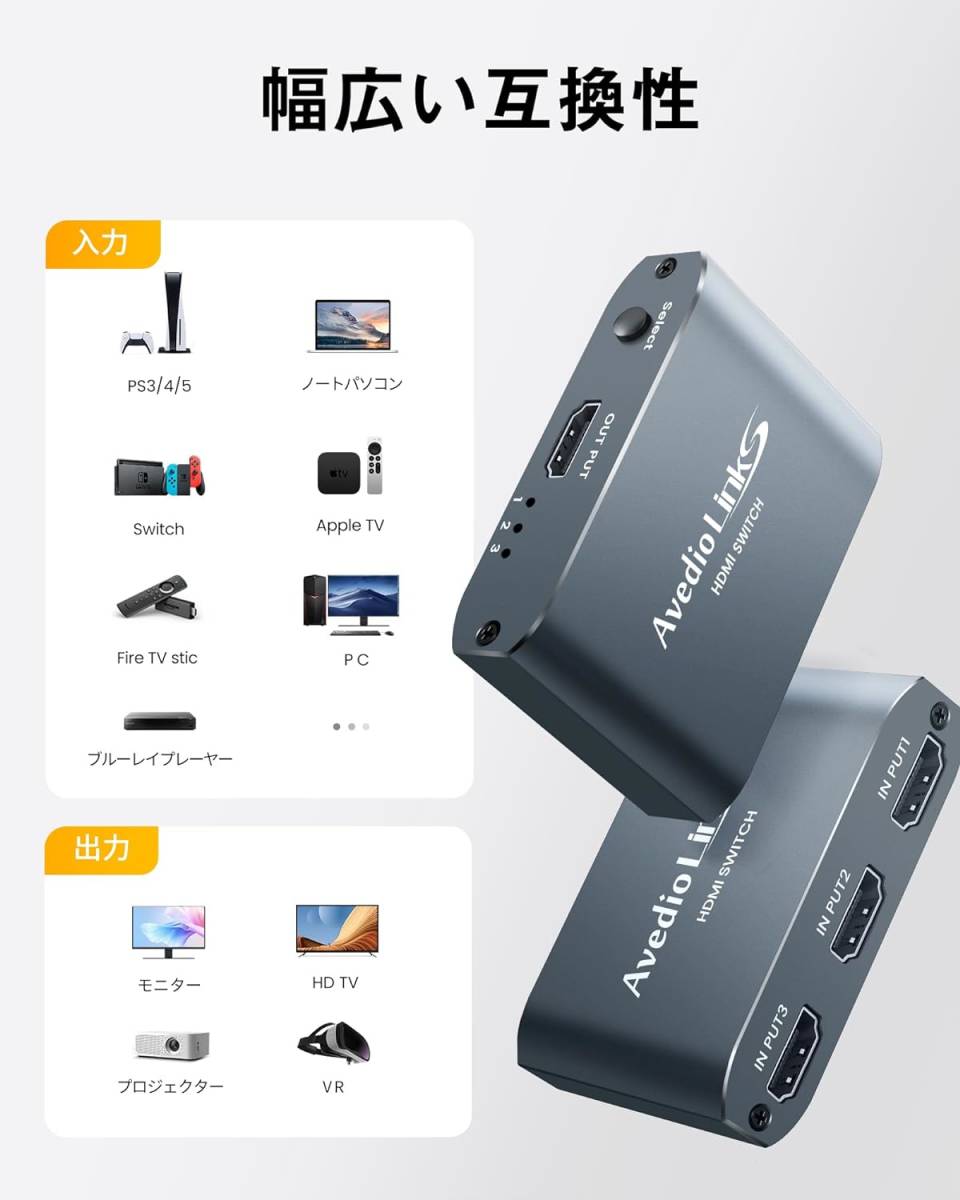 HDMI 切替器 4K 60Hz アルミニウム合金製 avedio links HDMI セレクター3入力1出力HDMI スイッチャー3ポートHDMI ハブ 拡張(1.2m) グレー