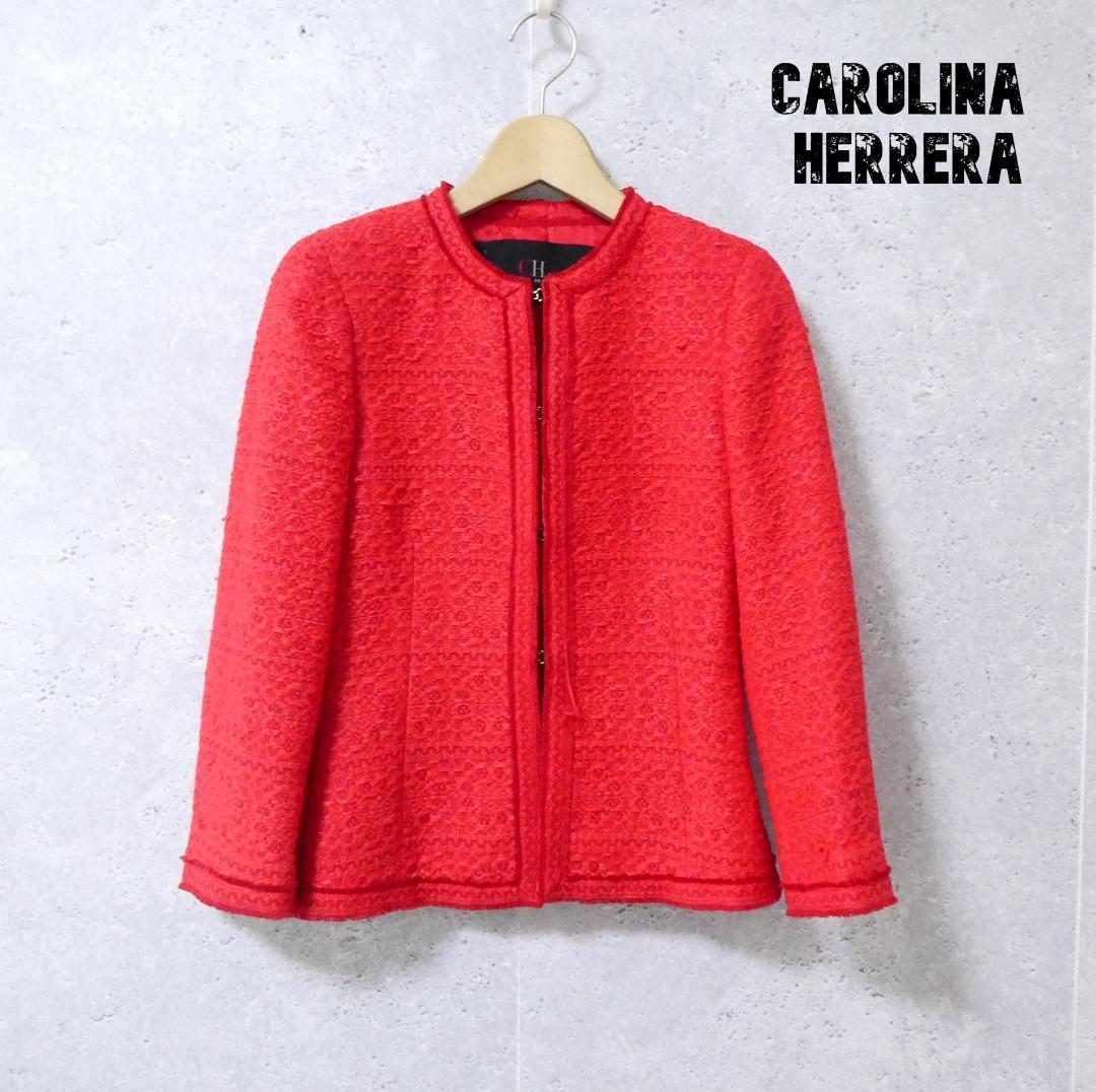 美品 Carolina Herrera キャロリーナヘレラ ツイード フリンジ シングル ノーカラージャケット 0 赤 レッド A2791