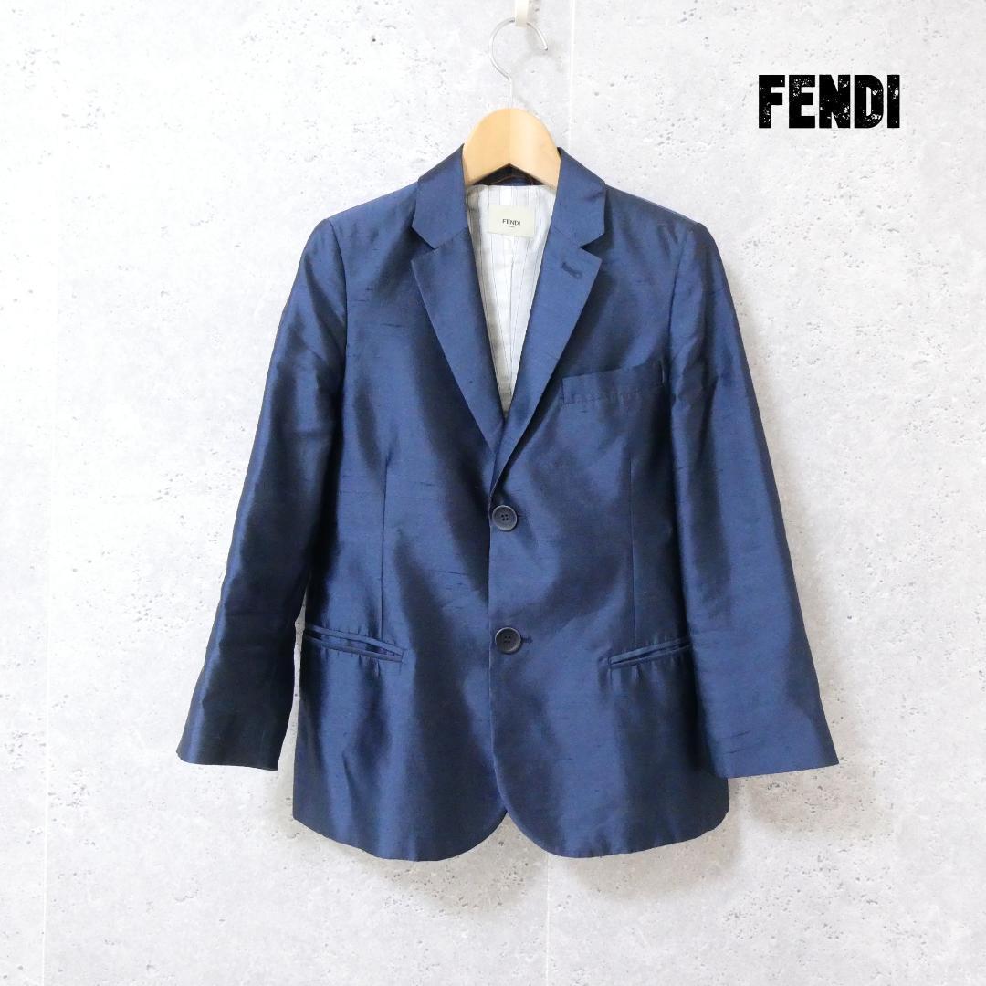 美品 FENDI フェンディ キッズ サイズ10Aシルク100％ テーラードジャケット シングル 2B 紺 ネイビー系_画像1