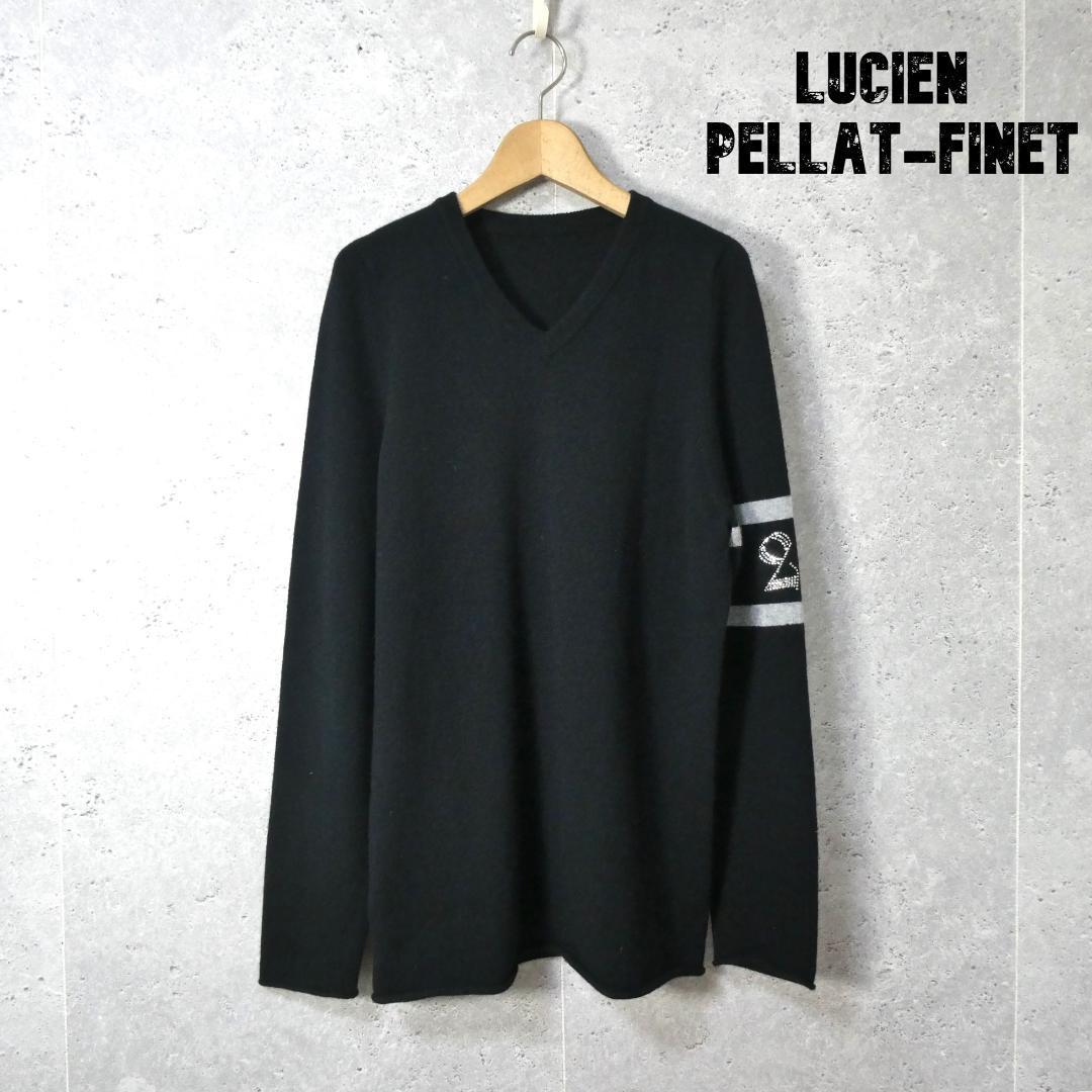 美品 lucien pellat-finet ルシアンぺラフィネ サイズS ニットセーター カシミヤ100％ 袖ロゴ ラインストーン Vネック ブラック_画像1