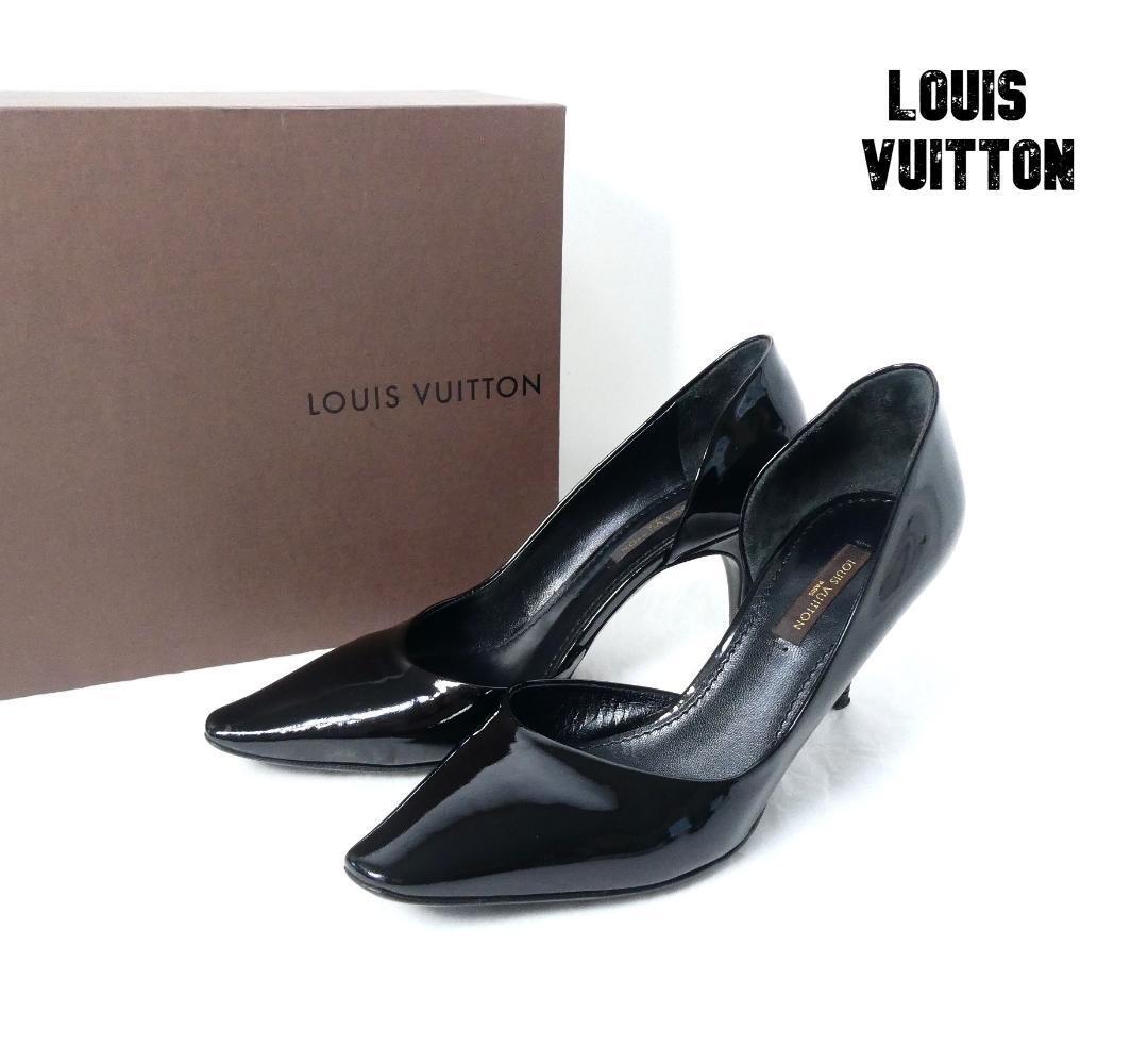 良品 綺麗 Louis Vuitton ルイヴィトン サイズ35 約22.5㎝ エナメル パテントレザー パンプス スクエアトゥ ハイヒール 黒 ブラック_画像1