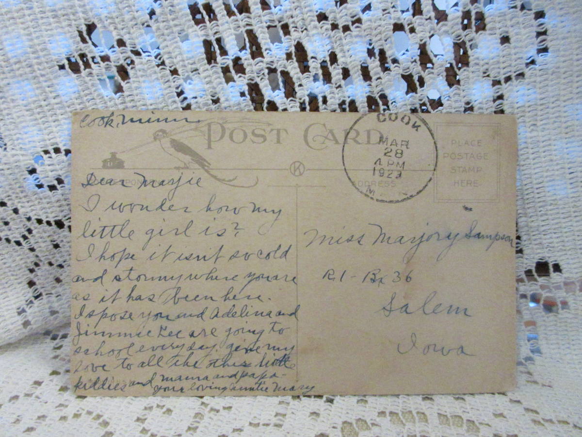 イースター　USA製　アンティーク　ポストカード　絵葉書　うさぎ　卵　メッセージ　1923年_画像2