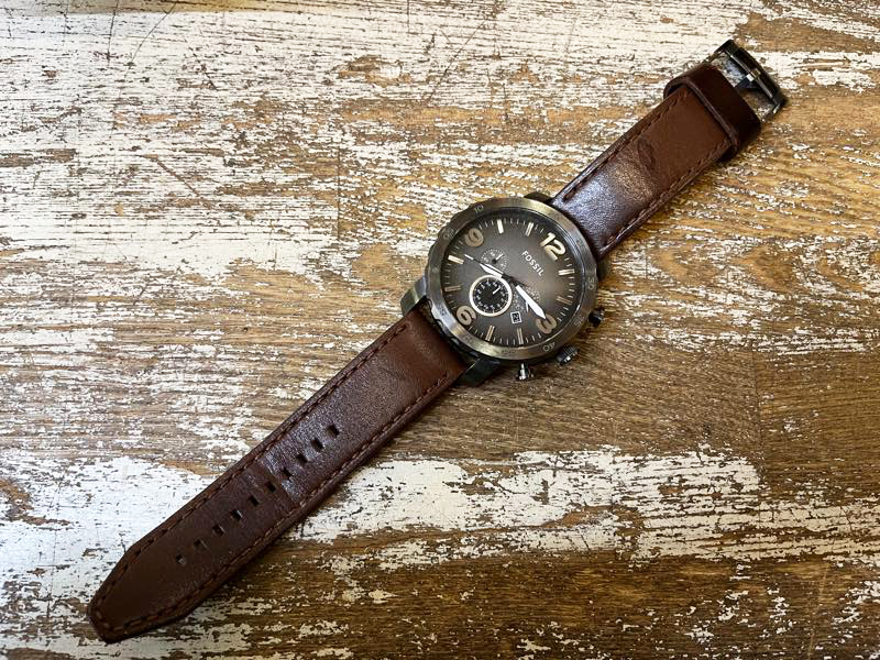 ☆FOSSIL/フォッシル NATE クロノグラフ レザーウォッチ JR1424 ブラウン メンズ アメカジ 腕時計 アクセサリー 古着 used☆_画像1