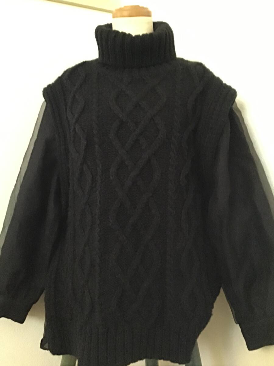 AMERI ヴィンテージ ニット デザイン セーター 模様編み ブラック タートル 異素材 フリーサイズ (^^) _画像5