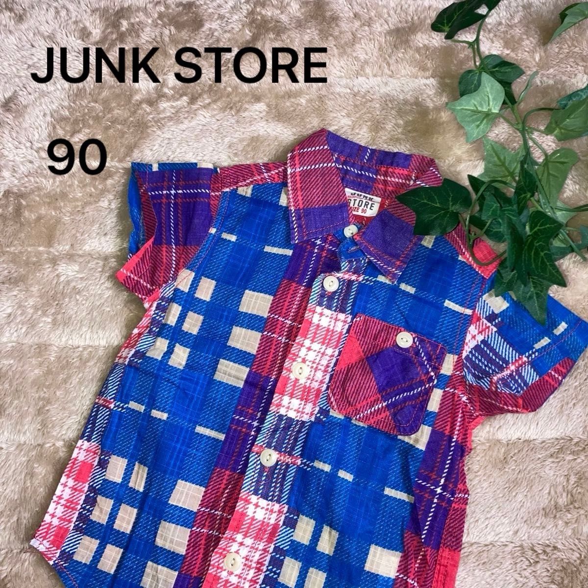 【JUNK STORE】90  シャツ チェック柄　チェックシャツ 半袖 古着　子供服　キッズ　男の子　女の子　ファッション