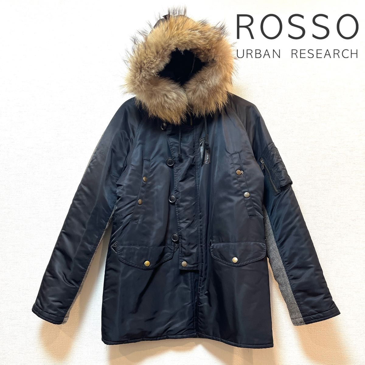 URBAN RESEARCH ROSSO(アーバンリサーチロッソ) ファーモッズコート フライトジャケット ツイード×ナイロン 黒