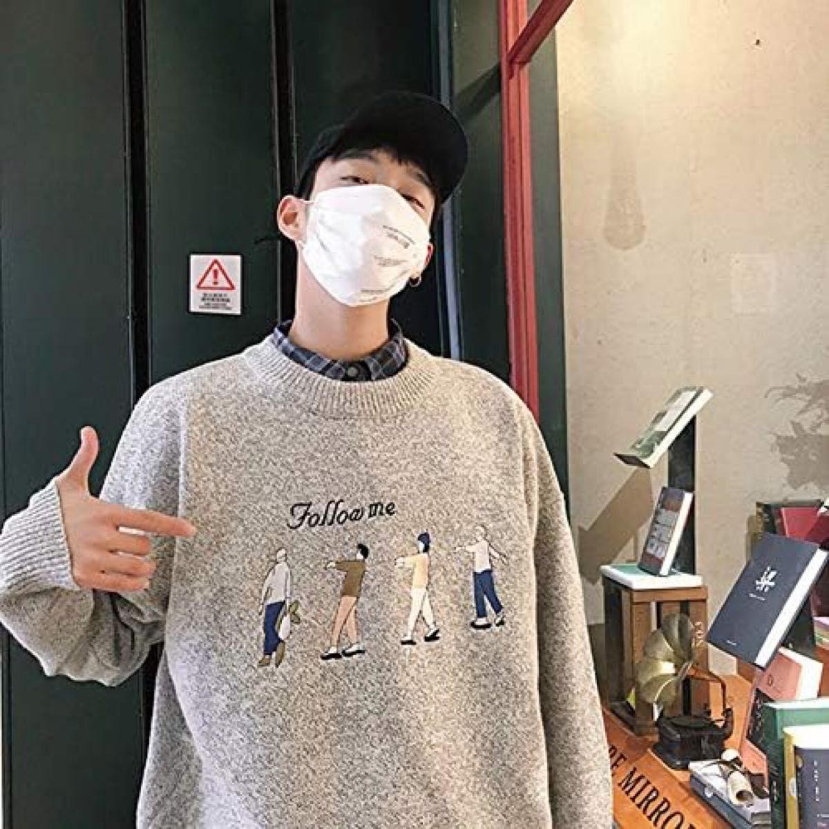 follow meクリエイティブ刺繍デザイン クルーネックニットセーター男女兼用 ユニセックス 韓国服 トップス プルオーバー