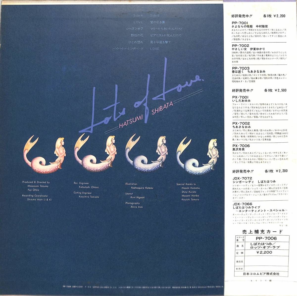 A00583073/LP/しばたはつみ「Lots Of Love (1976年・PP-7006・大野雄二プロデュース&演奏参加・ソウル・SOUL・ファンク・FUNK・ディスコ_画像2