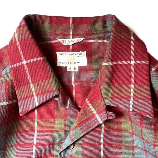 激レア! 60s 70s JAMES PRINGLE HOLM WOOLLEN MILLS ヴィンテージ オープンカラー チェック柄 長袖 ネルシャツ レッド 赤 メンズ 古着_画像6