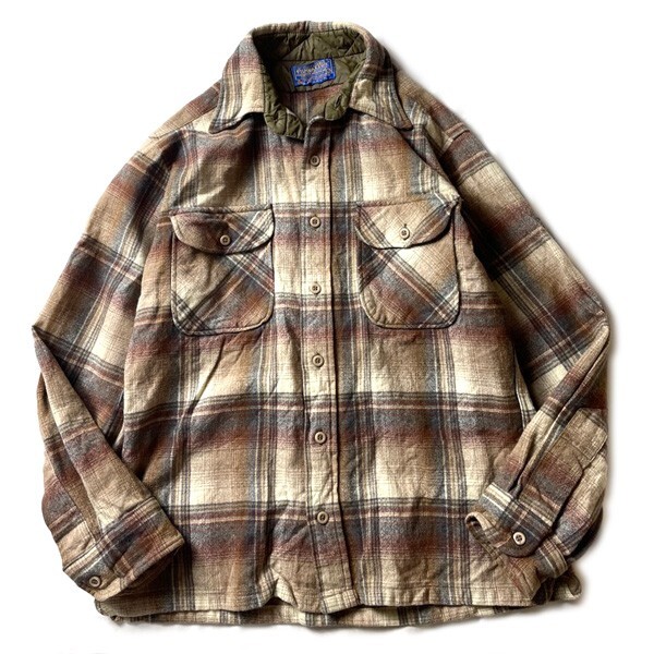 アメカジ! 70s USA製 PENDLETON ペンドルトン ヴィンテージ オンブレチェック柄 ウール 長袖 ネルシャツ ベージュ ブラウン M メンズ 古着の画像1