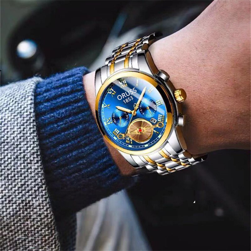 即決◇【シルバー×ゴールド×ブルー】メンズ高品質腕時計 ORUSS クロノグラフ 生活防水 クォーツ式_画像4