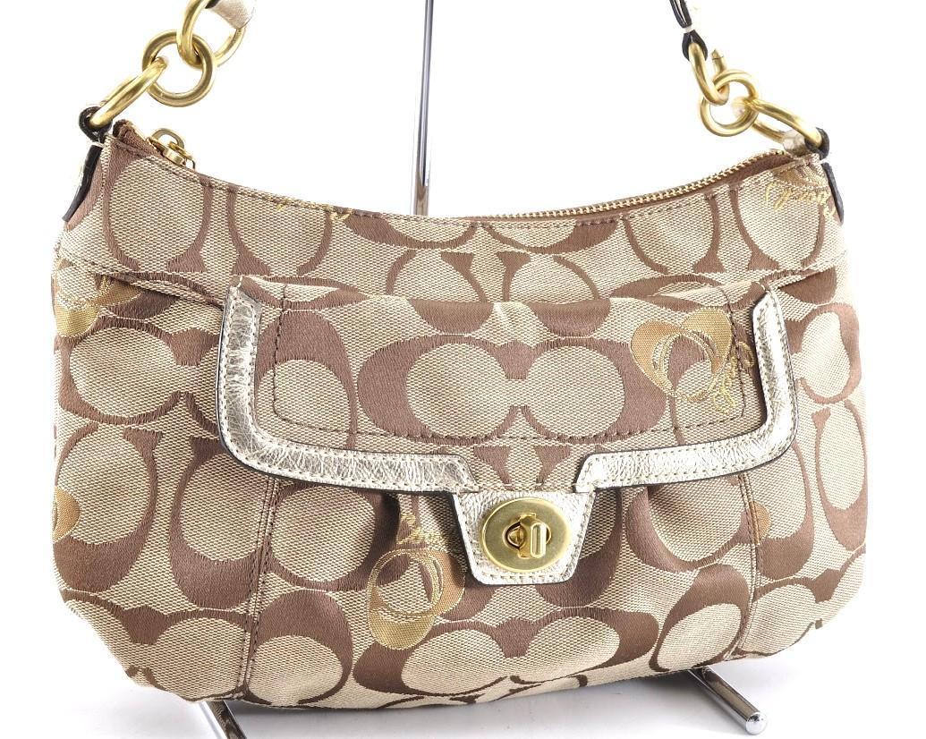 COACH F18756 signature accessory pouch bag bag canvas leather leather beige Gold Turn lock EM164