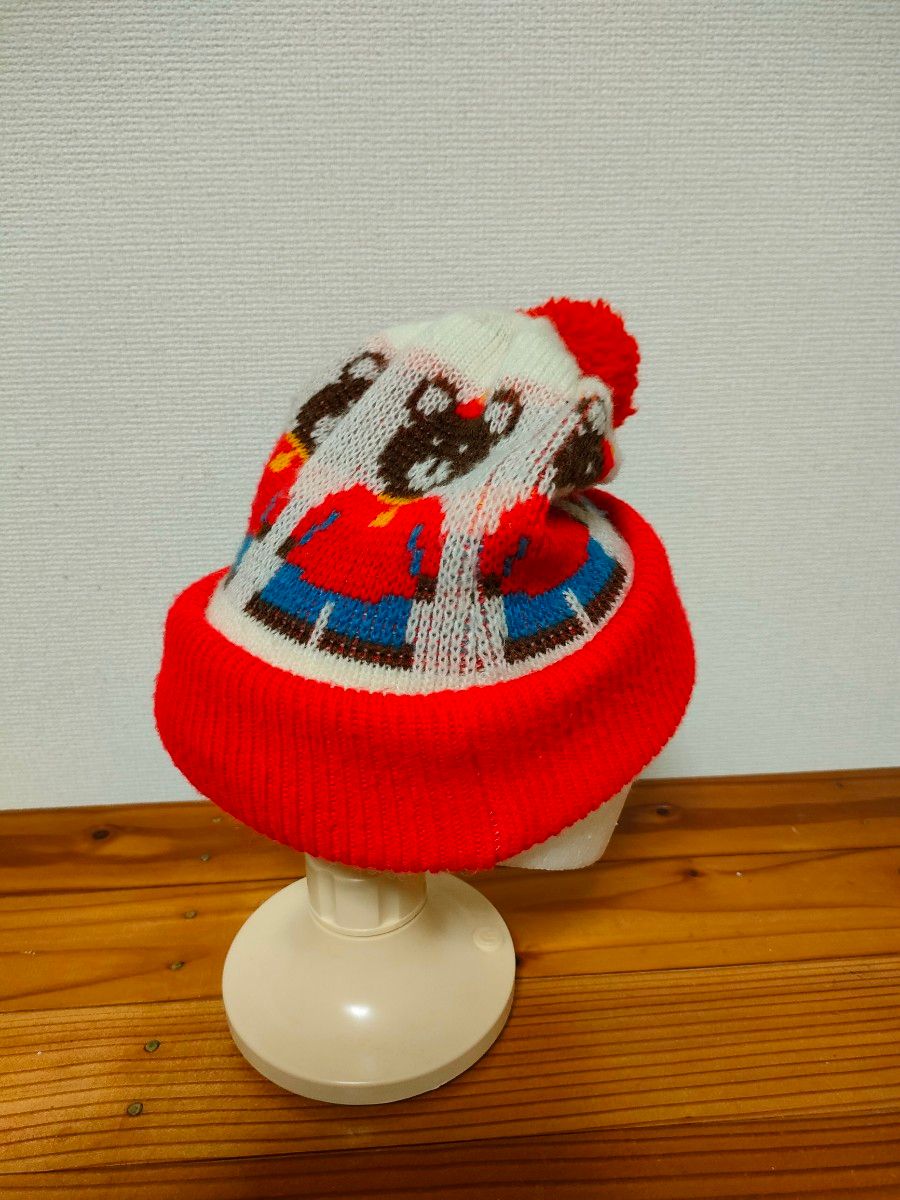 昭和レトロ　スキーニット帽　毛糸の帽子　クマ柄　可愛い　防寒