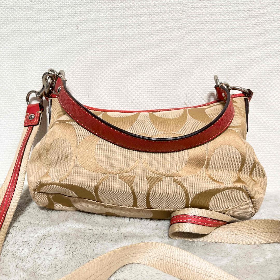 美品COACH コーチショルダーバッグハンドバッグベージュオレンジシグネチャー