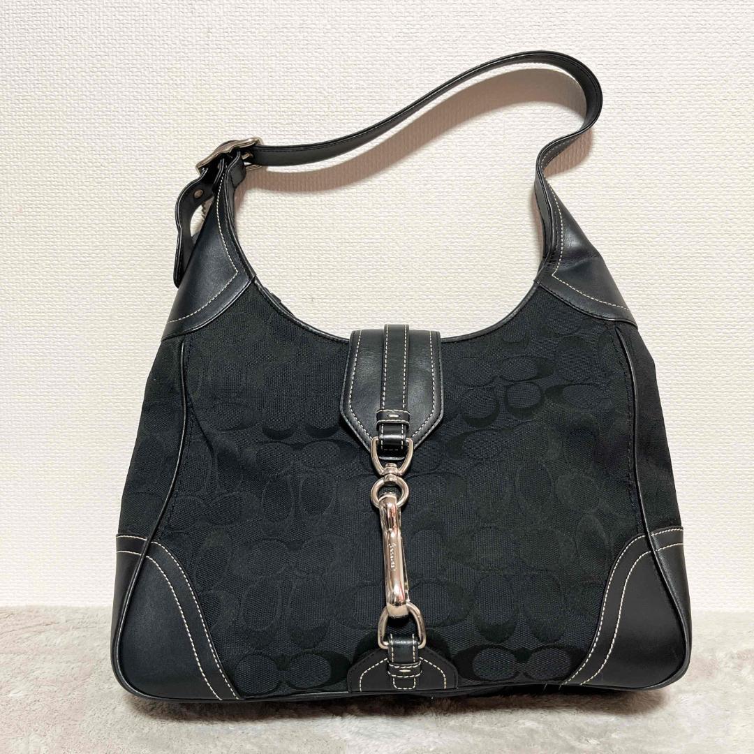 美品COACHコーチセミショルダーバッグトートバッグブラック黒シグネチャー総柄