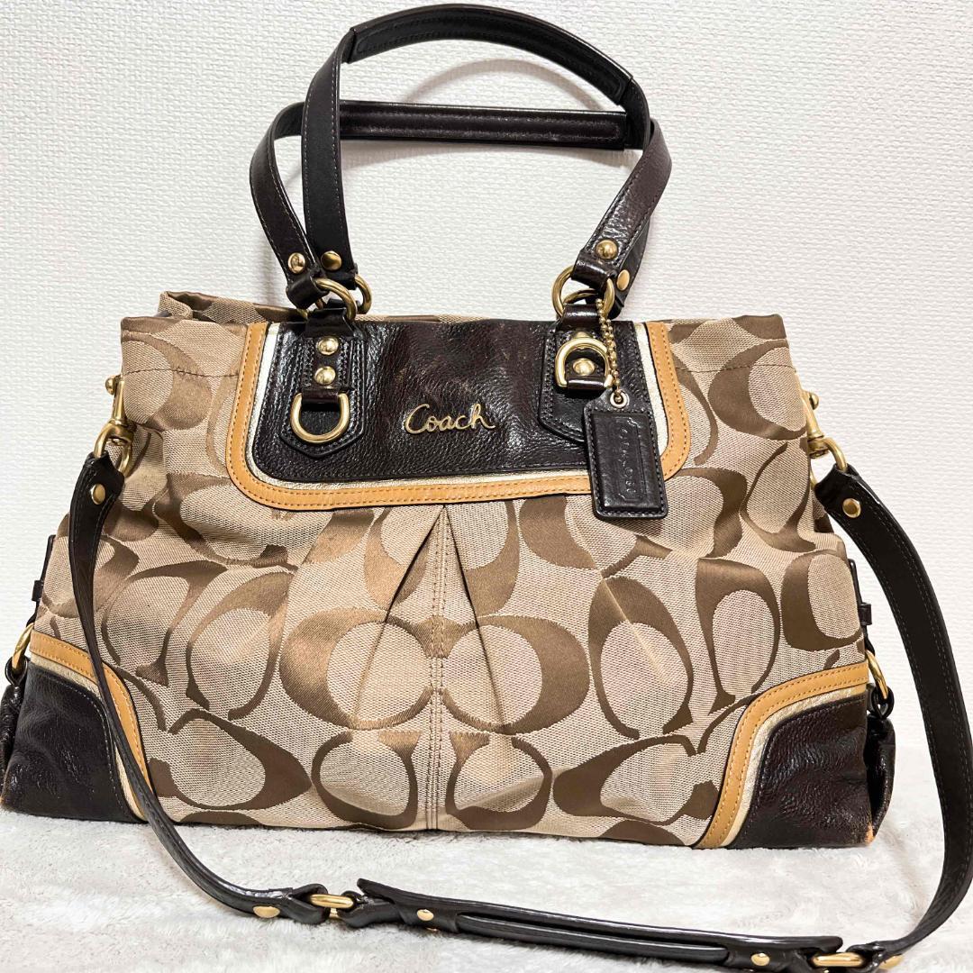 美品COACH コーチショルダーバッグハンドバッグブラウン茶シグネチャー総柄_画像2