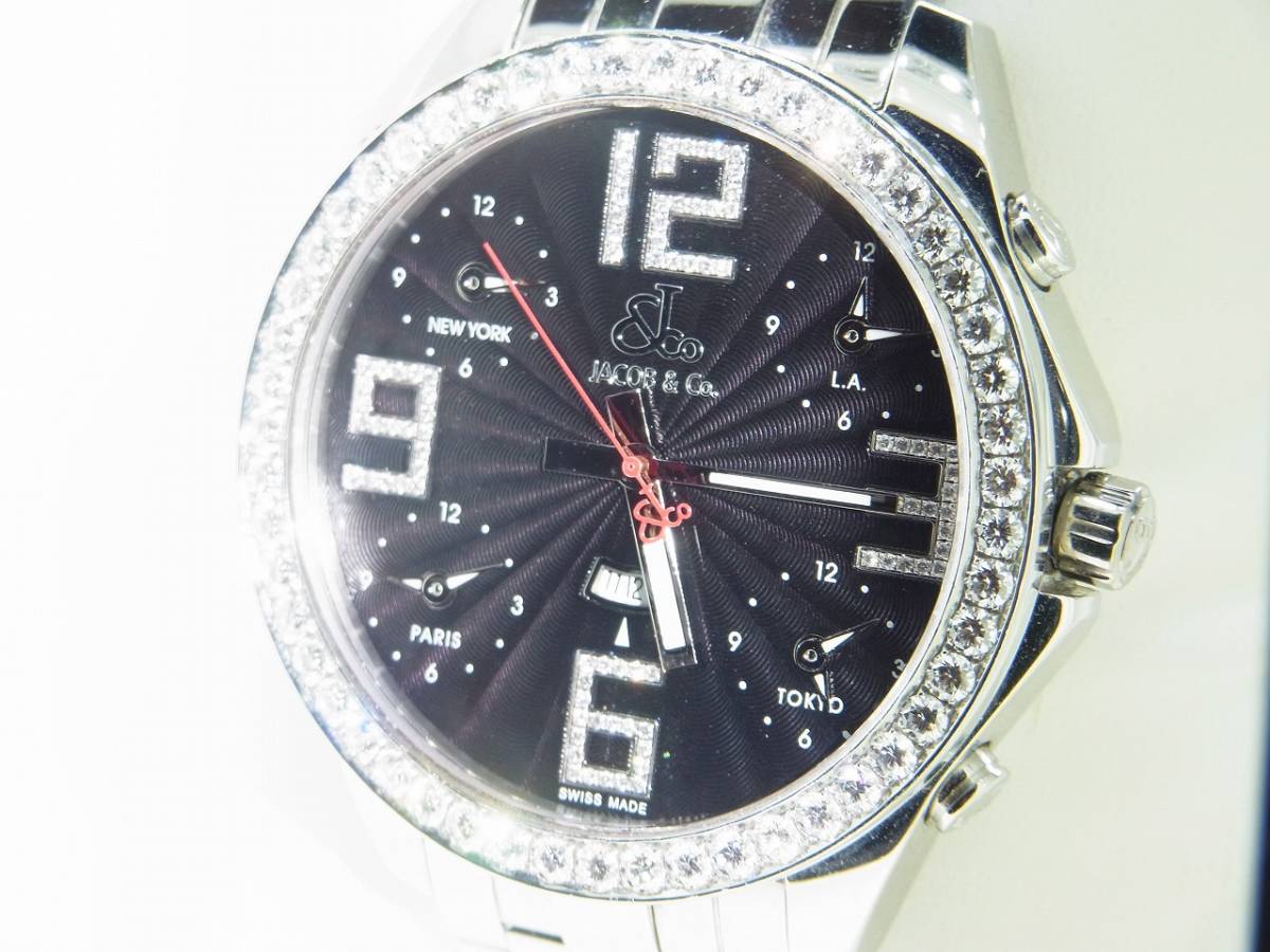 JACOB＆CO FIVE TIME ZONE 47mm 腕時計 ジェイコブ ファイブタイムゾーン ダイヤモンド diamond Quartz 稼働品 電池交換済み_画像1