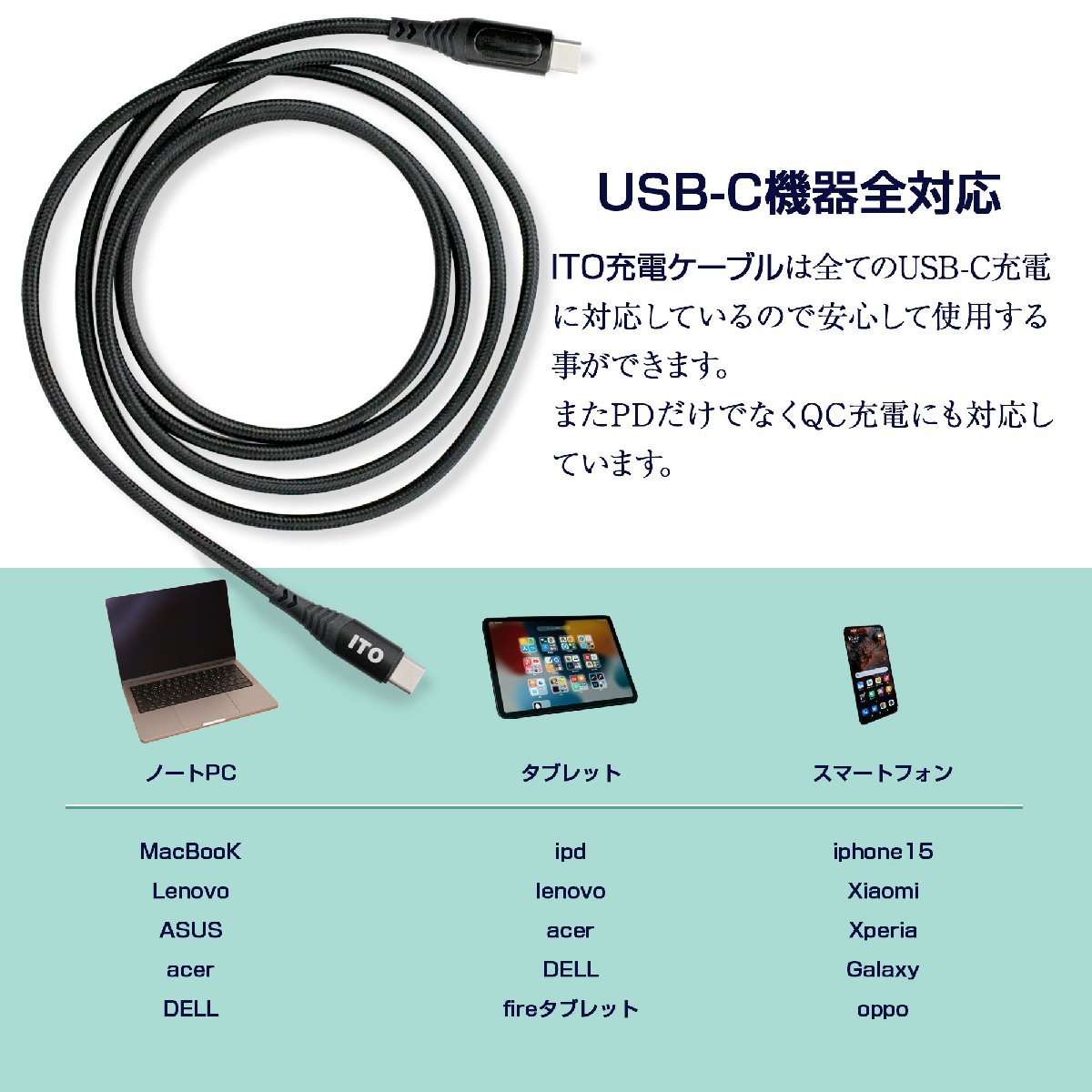 USBケーブル PD100W 急速充電対応 1.0m/1.5m選択 PD対応 100W 5A USB-C タイプC_画像6