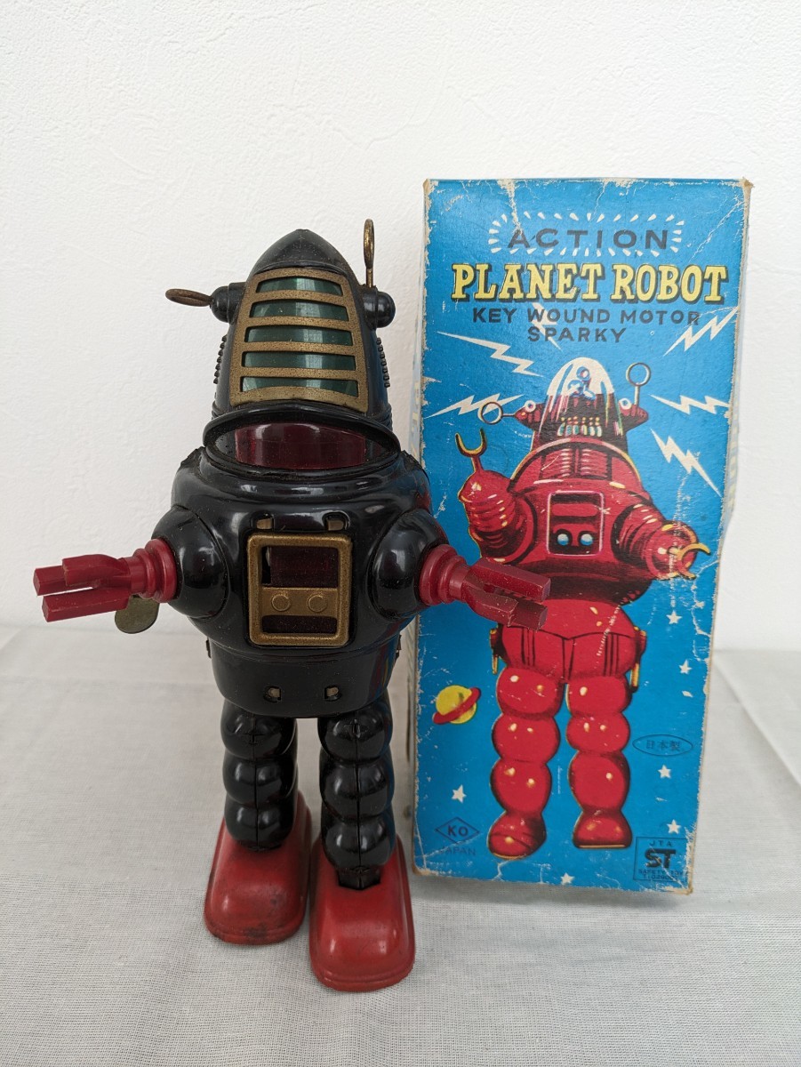 E-84 Showa Retro подлинная вещь PLANET ROBOT planet робот с ящиком передвижной товар игрушка жестяная пластина черный поручение товар 