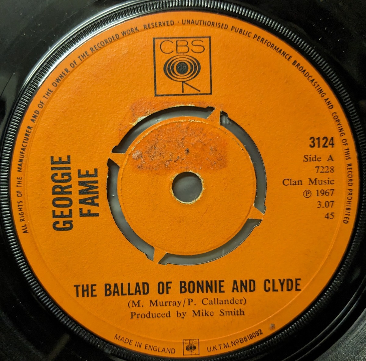 ☆特選☆GEORGIE FAME/THE BALLAD OF BONNIE AND CLYDE1967'UK CBS7INCH_画像2