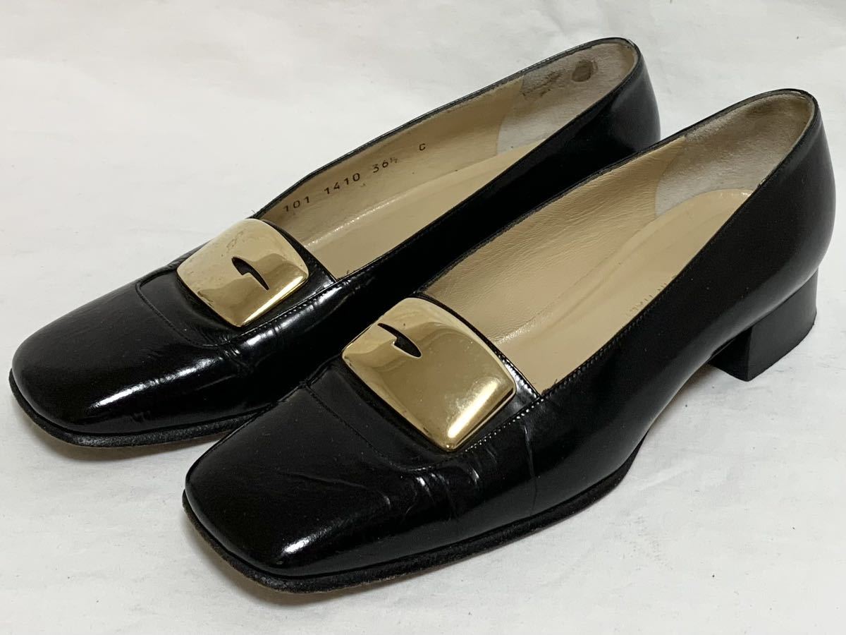 希少 美品 グッチ GUCCI 101 1410 Gロゴ ゴールド金具 レザー パンプス シューズ 靴 36 1/2 23～23.5㎝前後 レディース 黒 ウッドソール_画像1