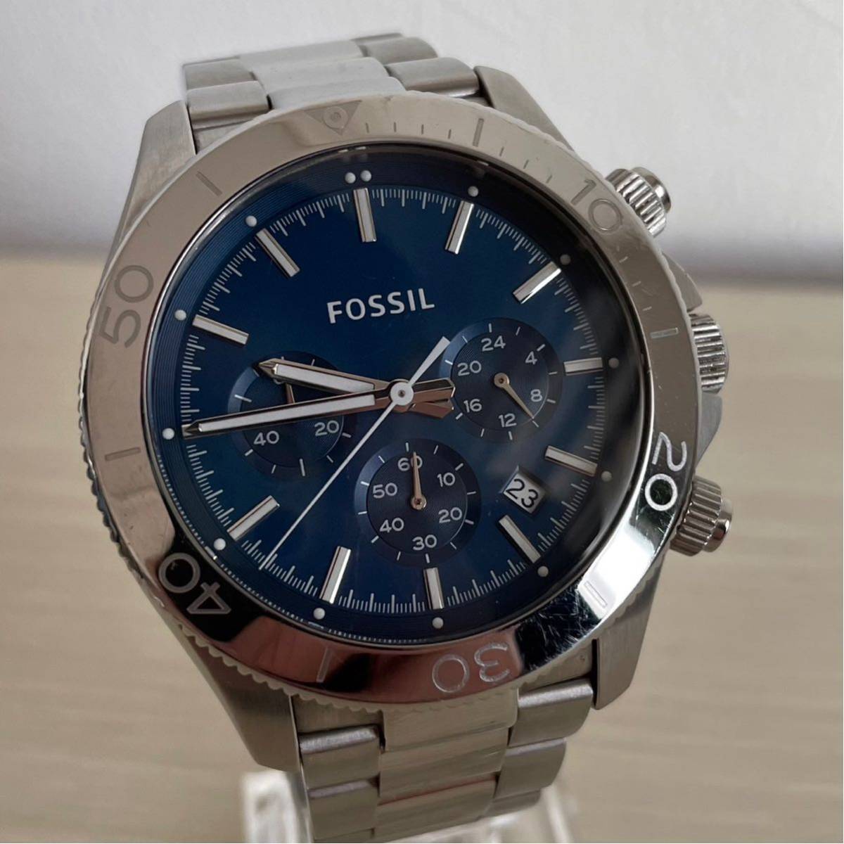 1000円〜売り切り【FOSSIL】 フォッシル CH2849 メンズ腕時計 クォーツ SS カレンダー　青文字盤_画像1