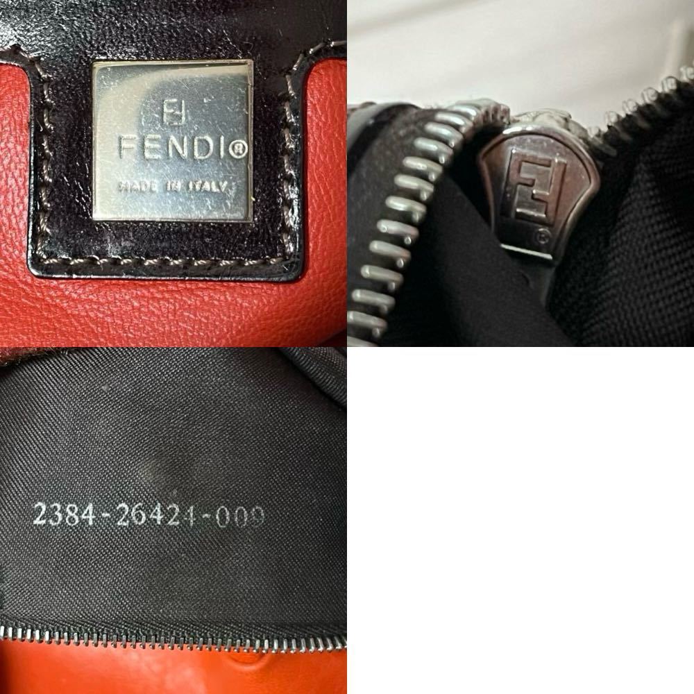 FENDI フェンディ マンマバケット ハンドバッグ ショルダーバッグ ニット生地 26424 FFロゴ シルバー金具 レッド オレンジ系 レザー 希少 _画像9