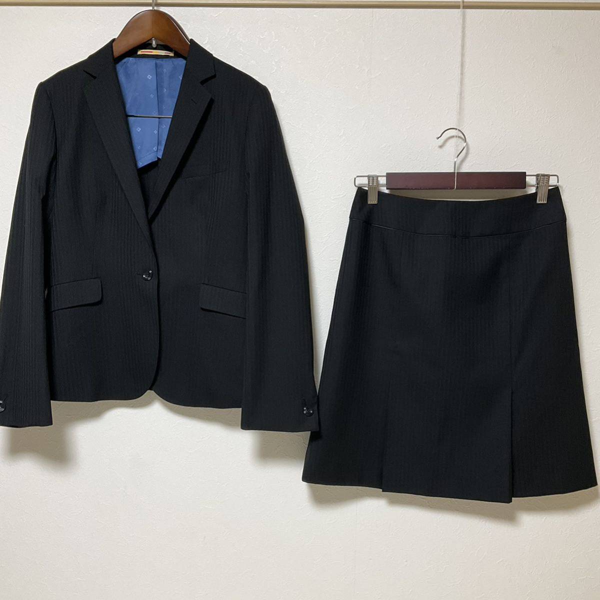 【極美品】オリヒカ　スカートスーツ 9 黒 OL ビジネス　春夏秋　シャドーストライプ　就活　面接