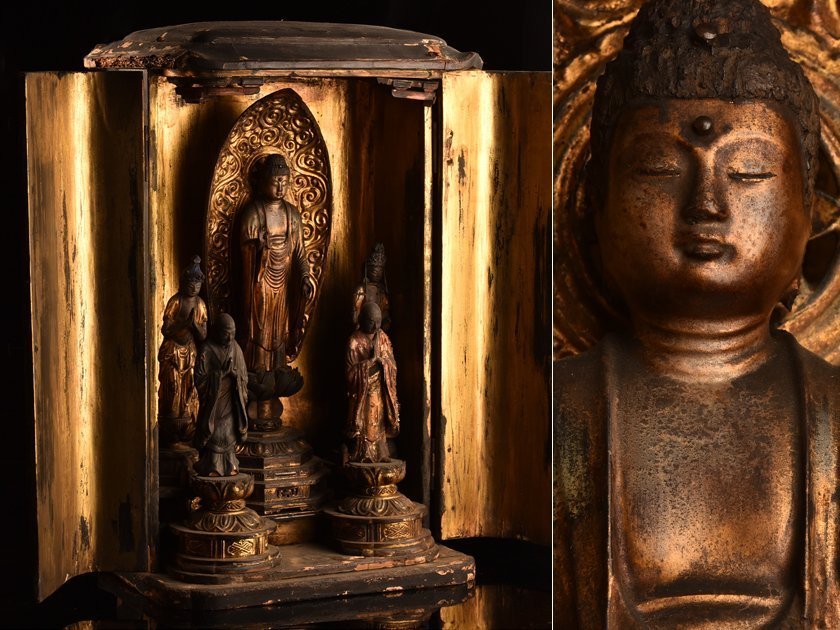 【琴》送料無料 仏教美術 時代 木彫仏像 厨子仏 高67cm WJ255