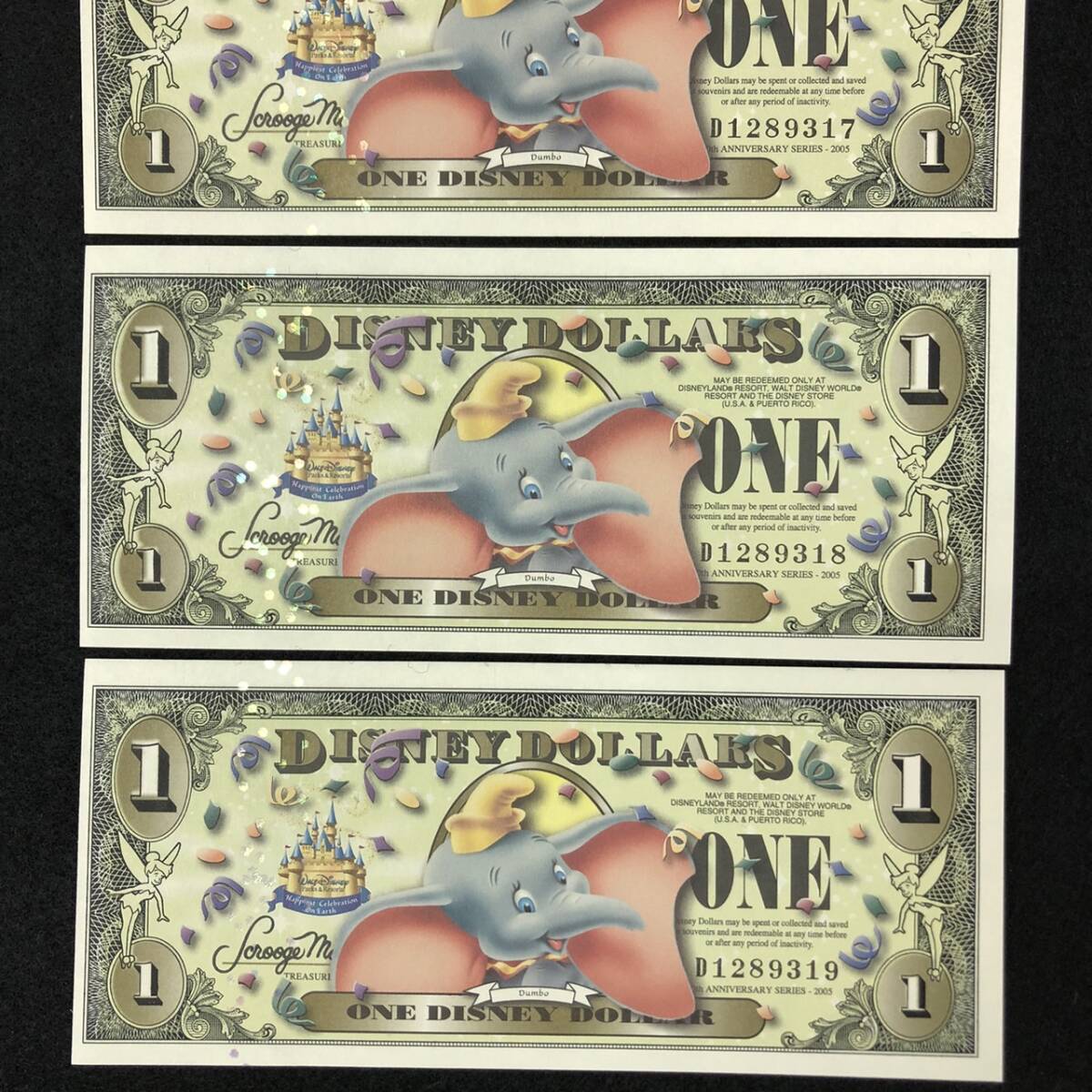 ディズニーダラー　1ドル札　2005年　ダンボ　$1　５枚セット　紙幣　DISNEY DOLLARS　ディズニーワールド　Dumbo_画像3