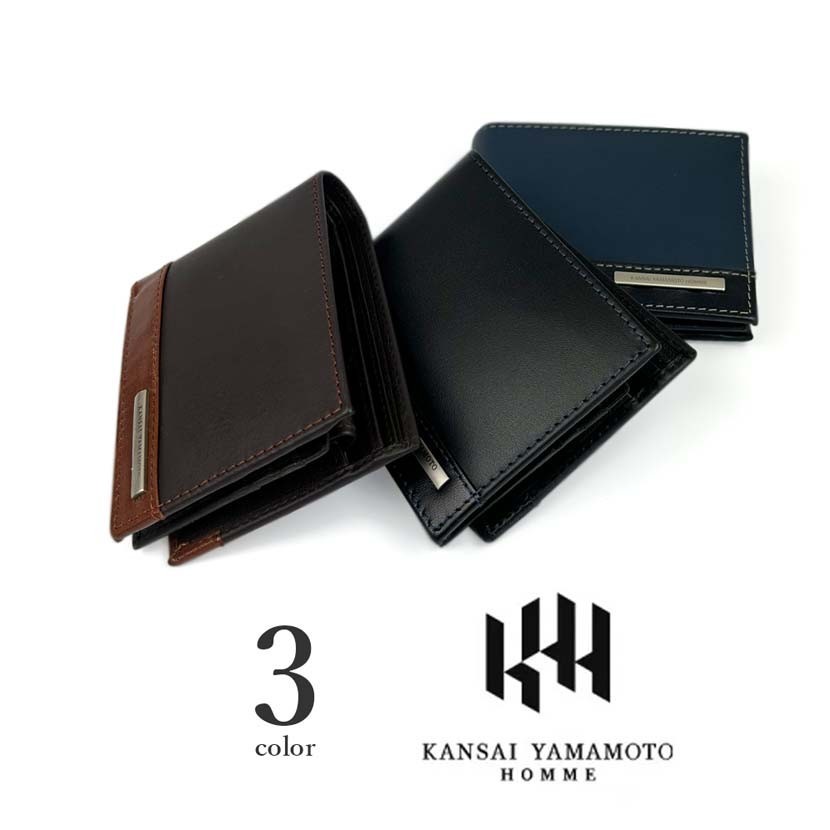 全3色 KANSAI YAMAMOTO（ヤマモト カンサイ）リアルレザー バイカラー 中ベロ付き 二つ折り財布 ウォレット_画像10