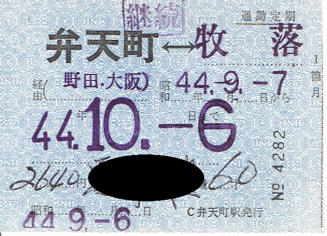 【通勤定期乗車券】弁天町⇔牧落　昭和44年　国鉄_画像1