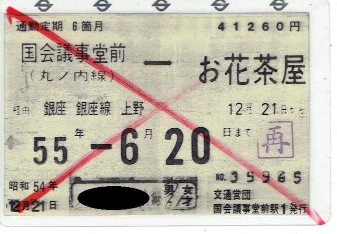 【通勤定期乗車券】帝都高速度交通営団　国会議事堂前　丸ノ内線⇔お花茶屋　昭和55年_画像1