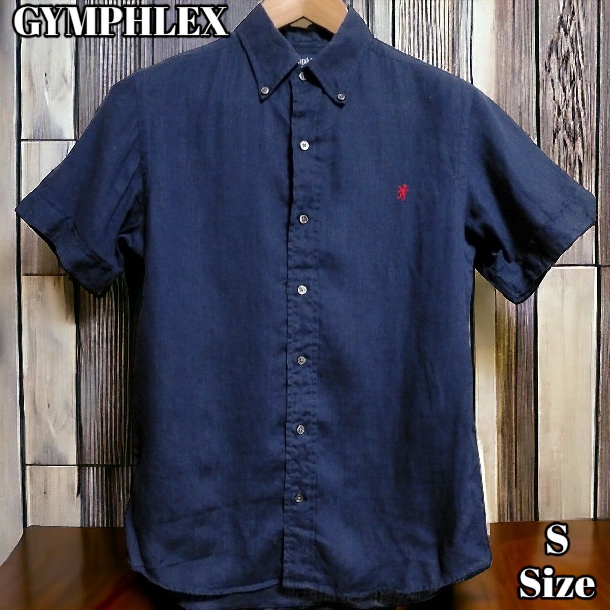 GYMPHLEX リネン100% ボタンダウンシャツ ネイビー 半袖 Sサイズ