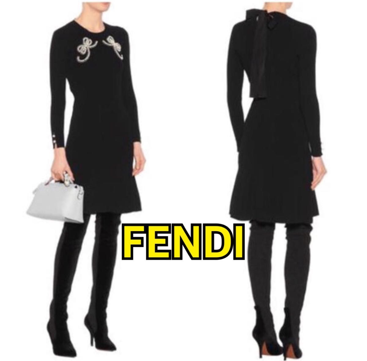 FENDI フェンディ リブニットワンピース　リボン　パール　美品　サイズ40  長袖 ブラック 黒