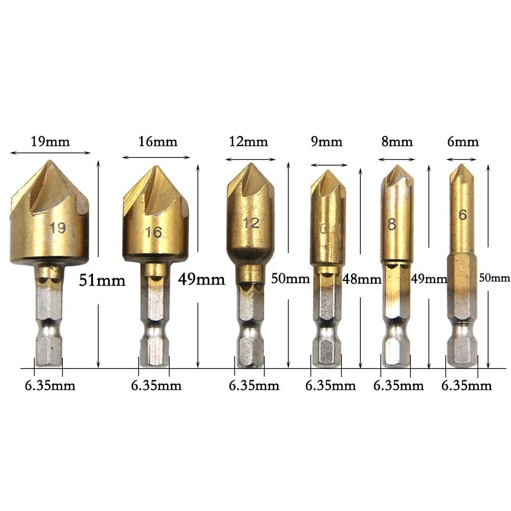 送料240円 面取りカッター ドリルビット 6本セット 六角軸 面取りビット 6～19mm バリ取り 皿取り錐ドリル 皿取錐 下穴錐 座ぐり 5枚刃_画像6