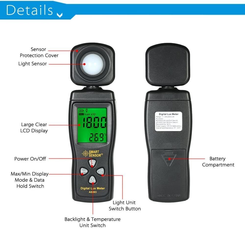 送料240円　デジタル照度計, 簡単に明るさ計測 バックライト付 温度計付 使いやすい商品 カメラ 室内照明 光度計 露出計 ルクスメーター_画像3