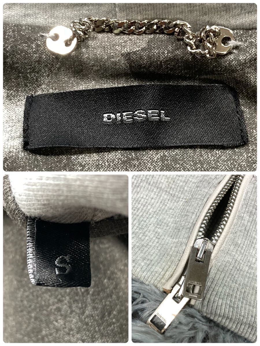 【美品 希少】 DIESEL ラムレザー パーカー ドッキング 裏地総柄 スウェット 羊革 フード ジャケット ロゴ ディーゼル メンズ グレー M相当_画像9